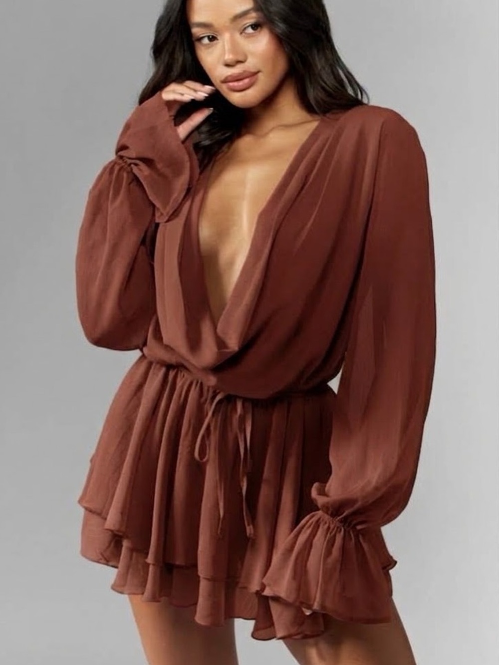 NWT Missguided Chiffon Cowl Drape Mini Dress Size Large Tiered Ruffle Open Back